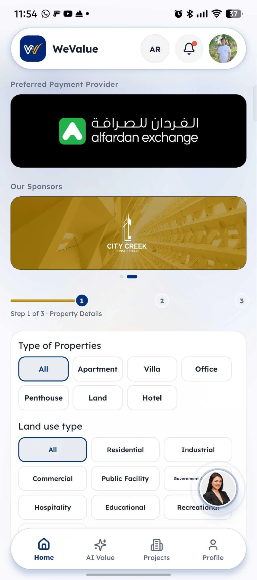 WeValue app screen showing Dareen, the AI property valuation assistant