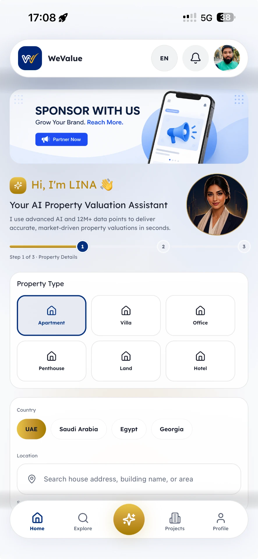 WeValue app screen showing LINA, the AI property valuation assistant
